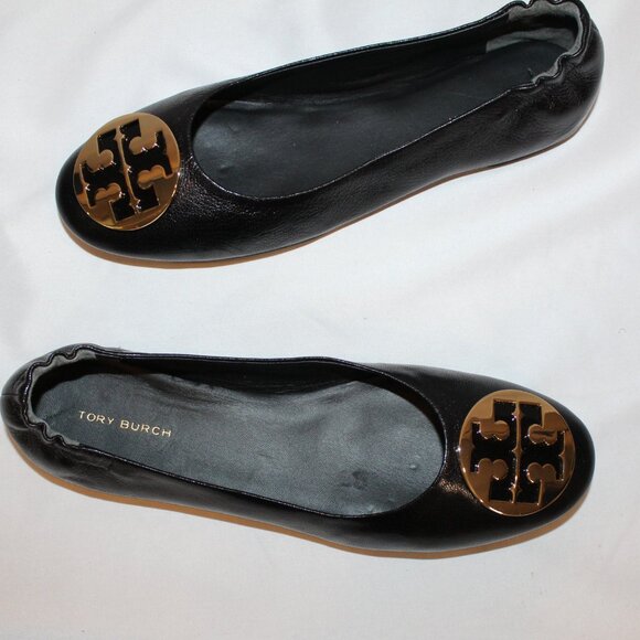 New TORY BURCH CLAIRE LEATHER BLACK GOLD ACCENT BALLET FLAT - Picture 3 of 6